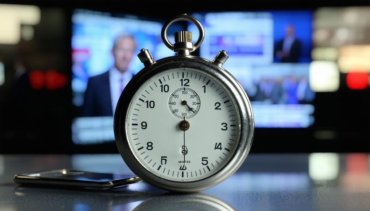 The iconic 60 Minutes stopwatch with news footage in the background