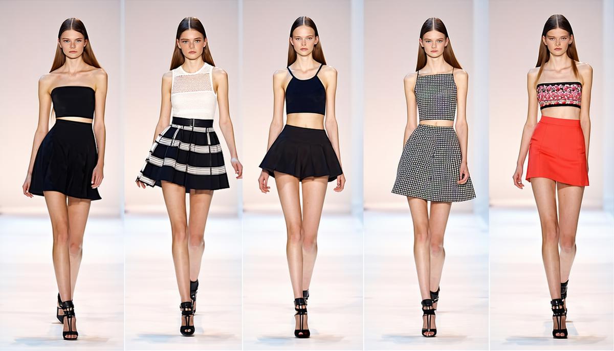 A fashion show featuring models in both miniskirts and midi skirts, showing the industry's attempt to transition styles