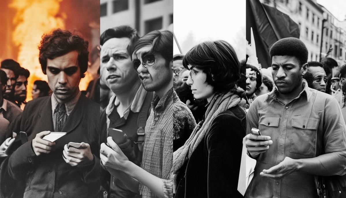 Split image showing 1968 protesters alongside modern activists with smartphones, symbolizing the evolution of protest movements