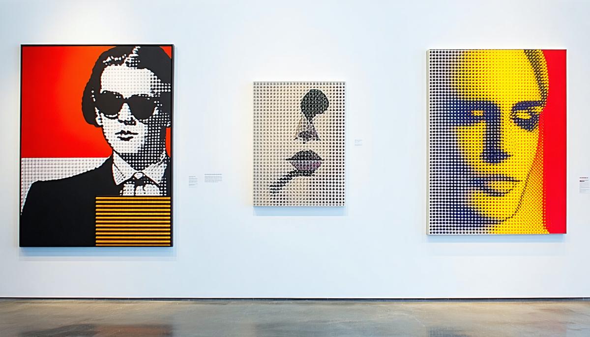 A contemporary art gallery showcasing modern works clearly influenced by 1960s Pop Art, Minimalism, Op Art, and Fluxus movements