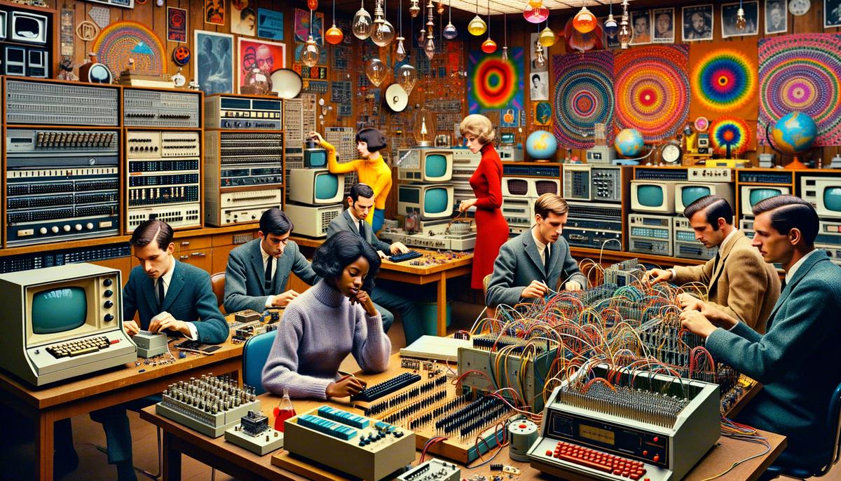 Early computer pioneers working on personal computers in a 1960s-style workspace