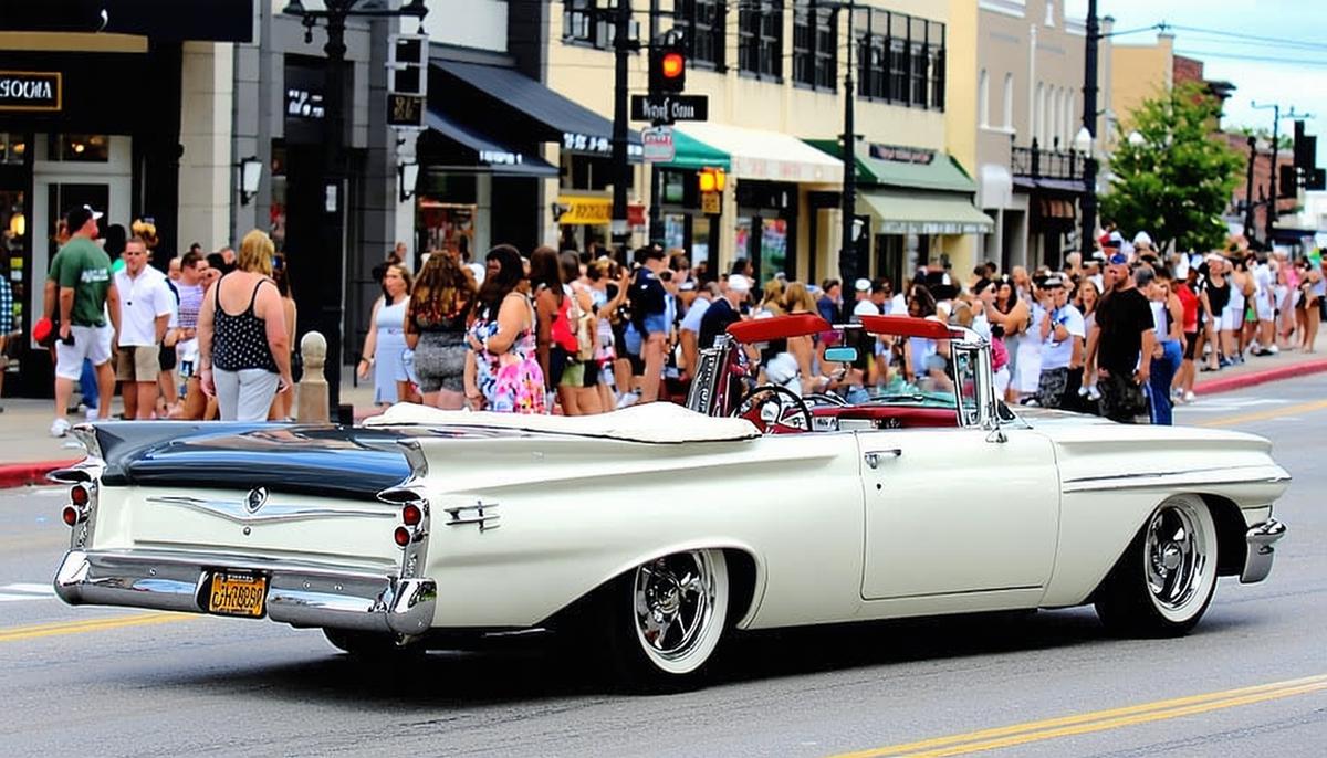 A gleaming 1960s convertible cruising down a bustling Main Street, attracting admiring glances from pedestrians