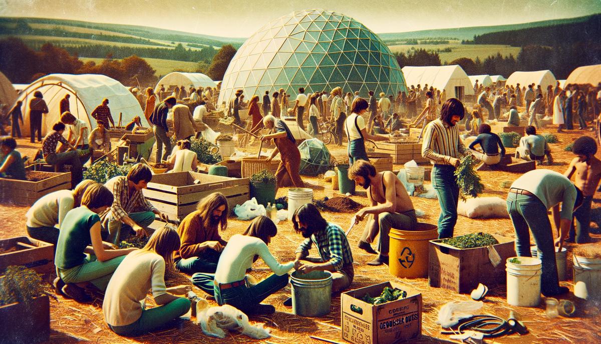 A bustling 1960s commune showcasing sustainable living practices and ecological design
