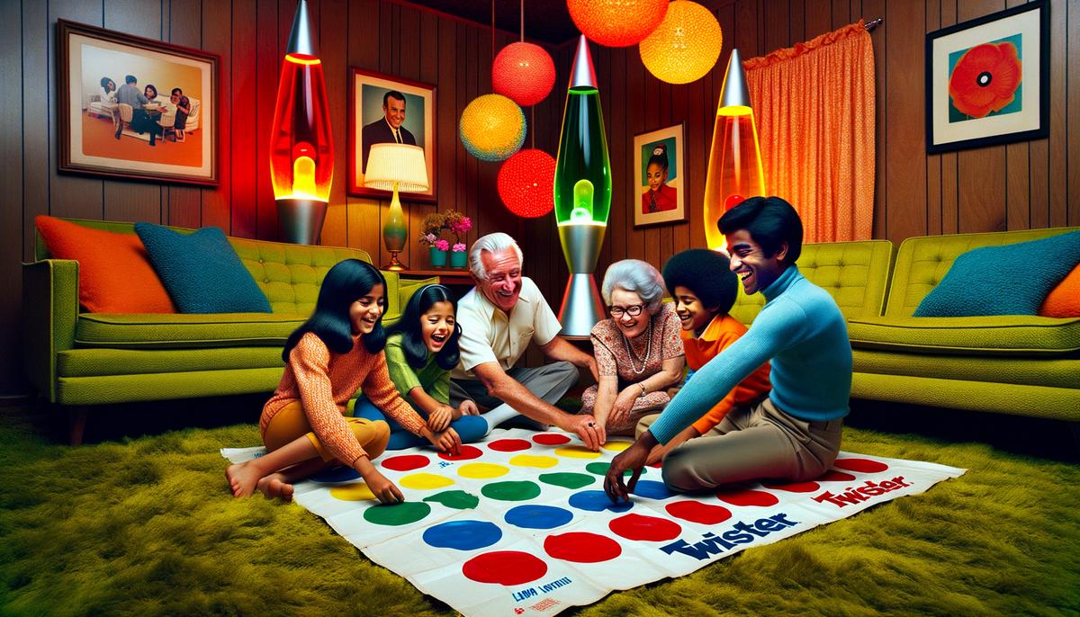 A lively 1960s family game night scene with people playing Twister
