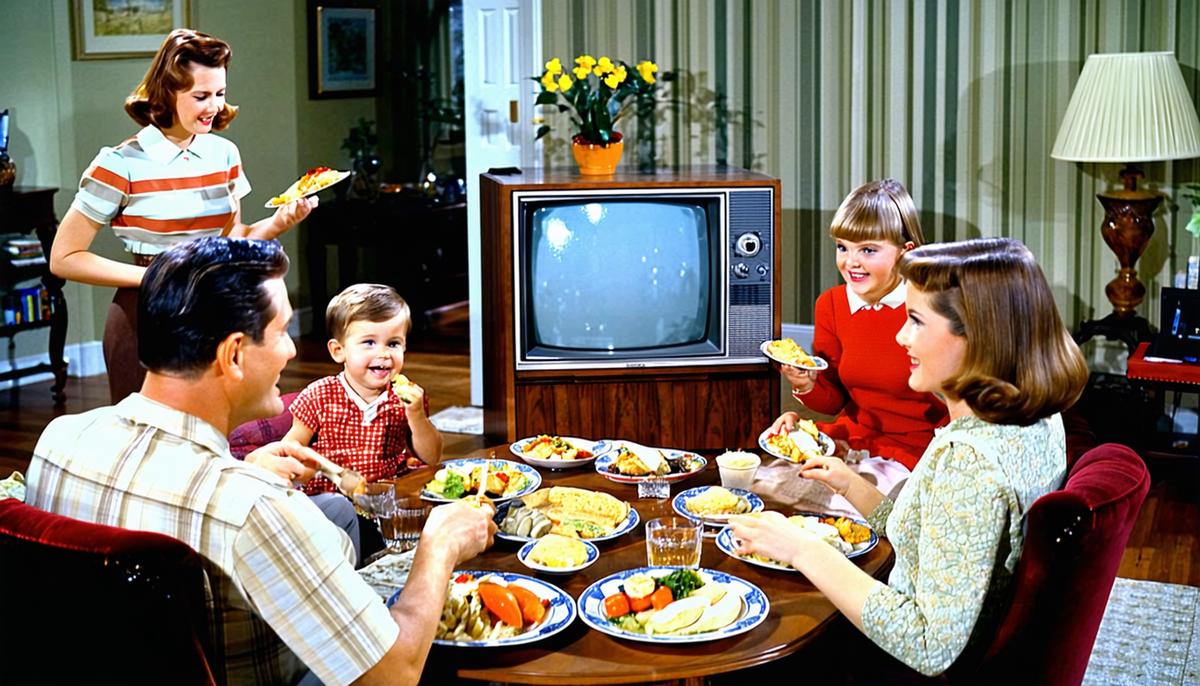 A 1960s family enjoying TV dinners while watching a color television in their living room