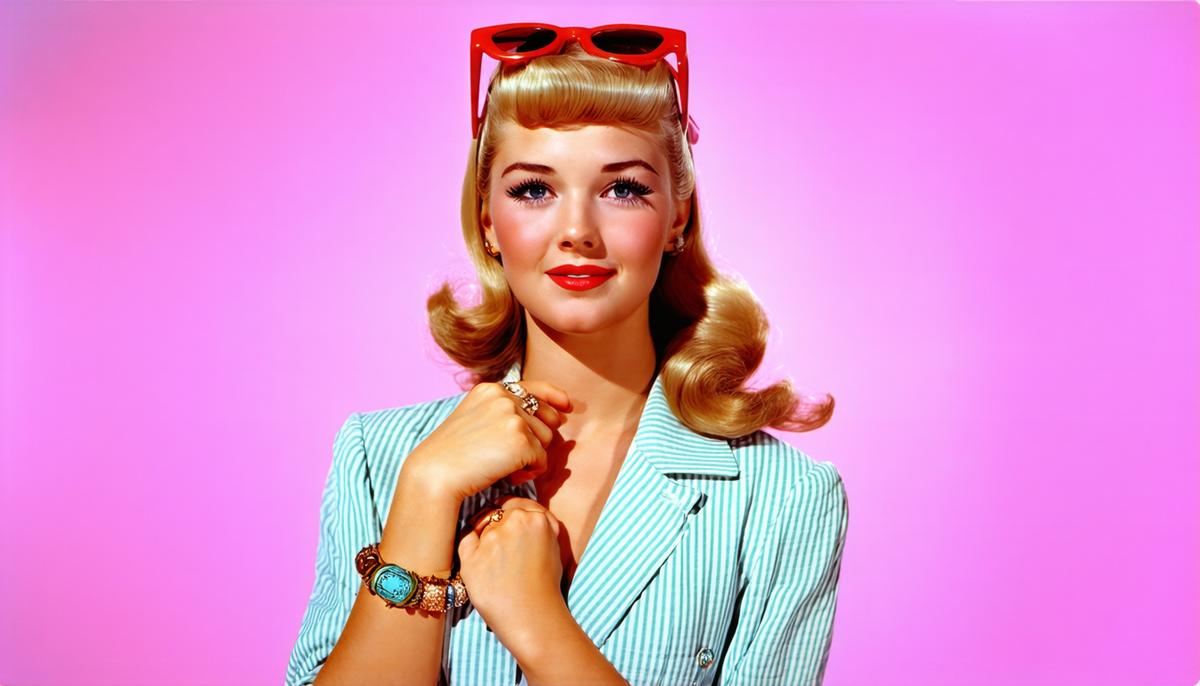A 1960s woman in trendy attire showcasing her charm bracelet