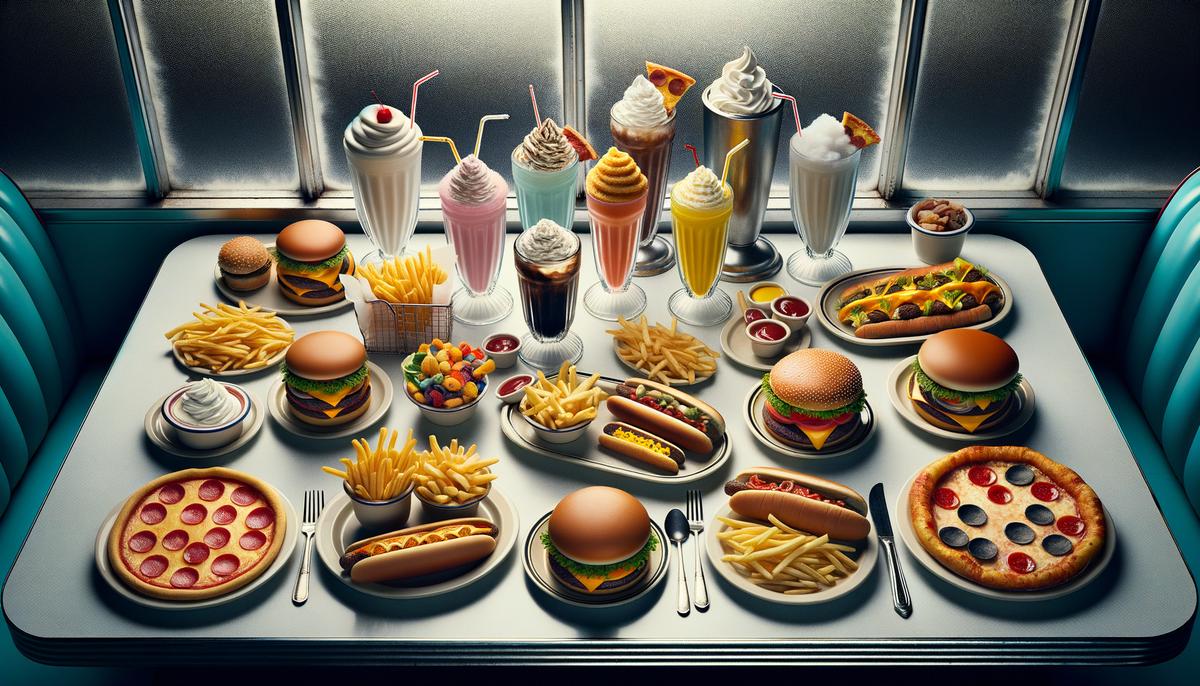 Assortment of 1960s fast food menu items including burgers, fries, tacos, and pizza on a retro diner table