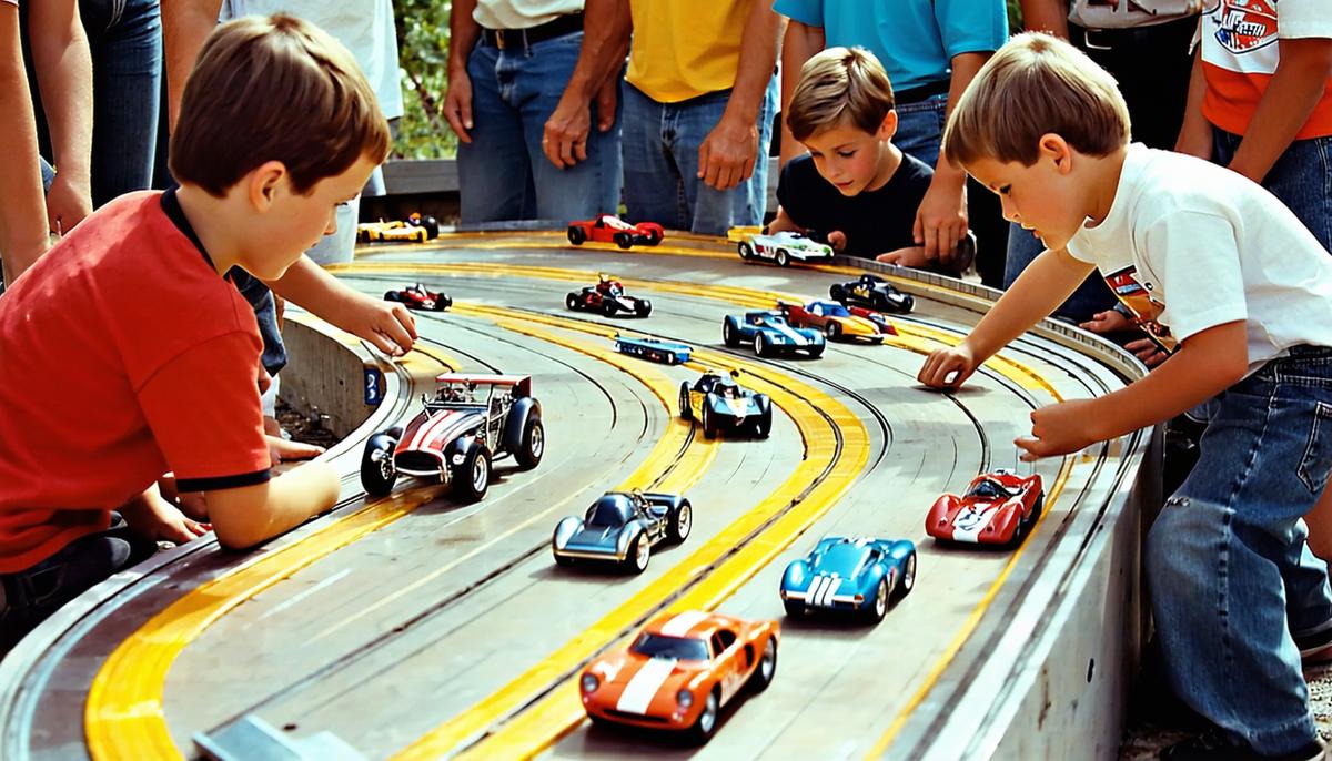 A lively 1960s Hot Wheels racing event with kids gathered around a complex track setup