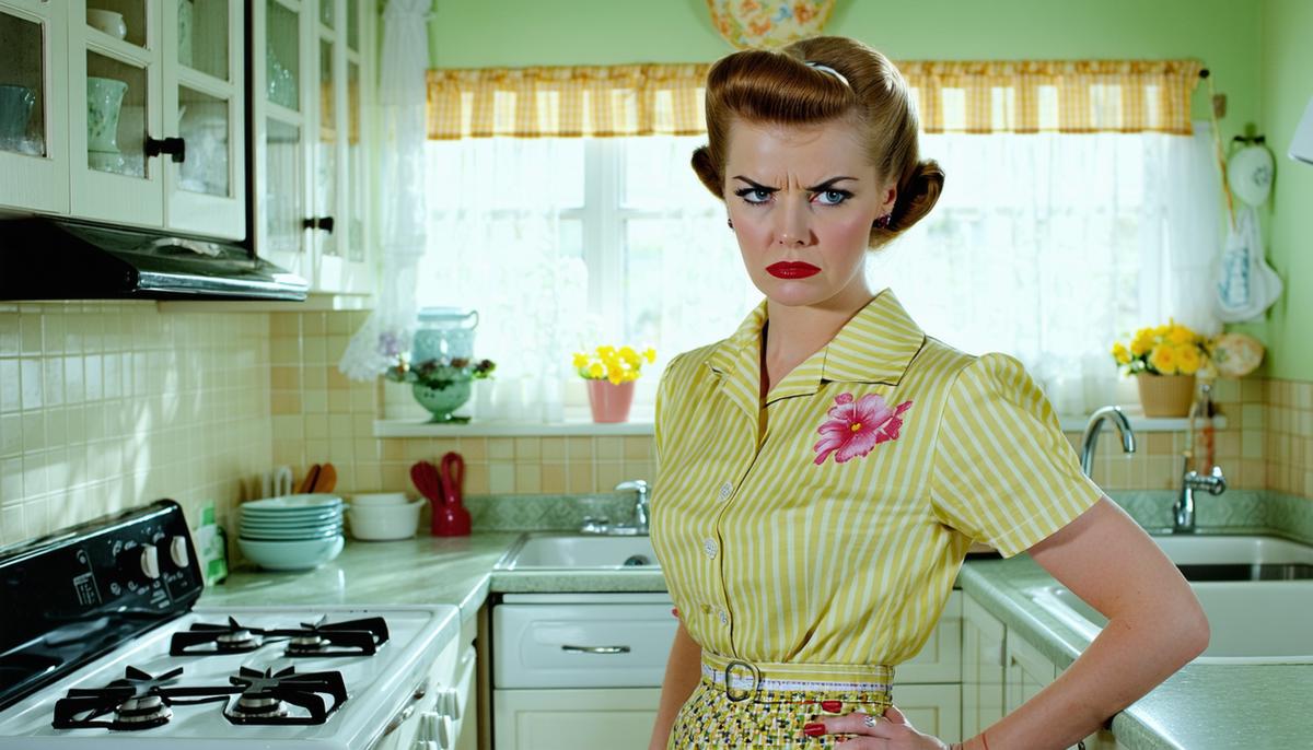 A 1960s housewife looking dissatisfied in her pristine suburban kitchen