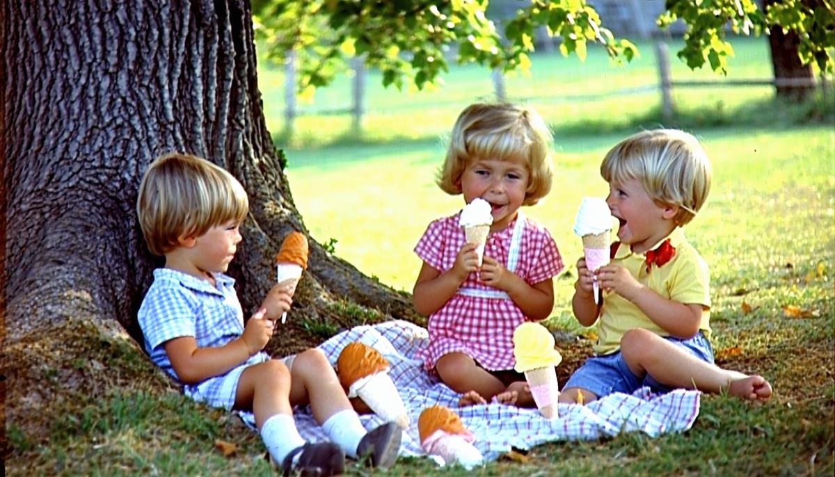 1960s children sitting under a tree enjoying various ice cream treats