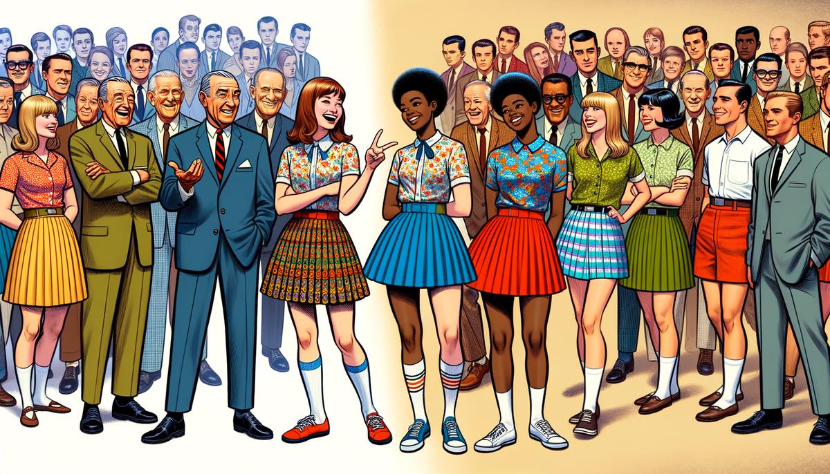 A split image showing contrasting reactions to the miniskirt: disapproving older adults and enthusiastic young women