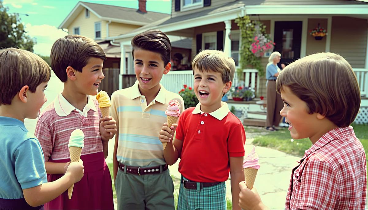A group of diverse 1960s neighborhood kids eagerly waiting for ice cream