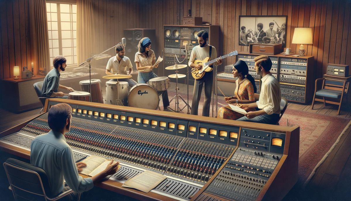 A 1960s recording studio with vintage equipment and musicians at work