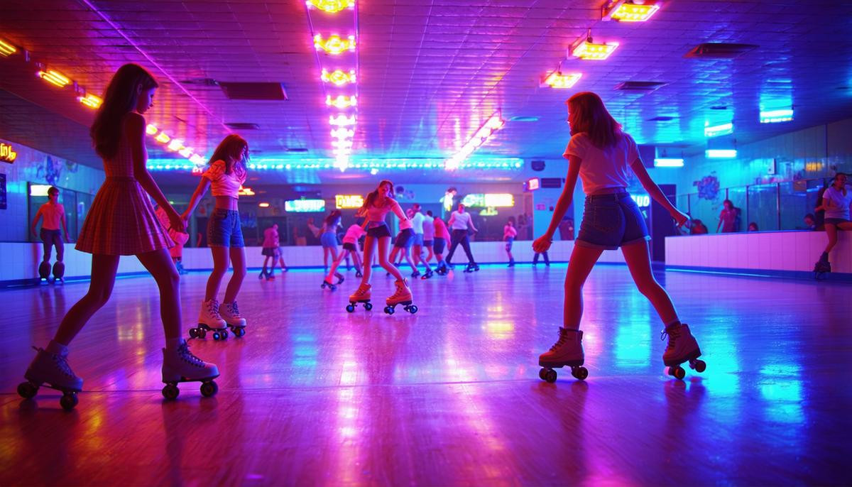 A 1960s roller rink illuminated by neon lights, with teenagers skating and socializing