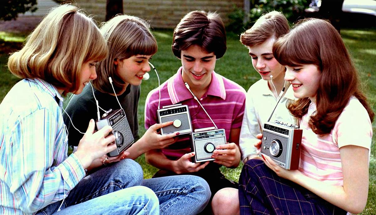 A group of 1960s teenagers enjoying music on their portable transistor radios