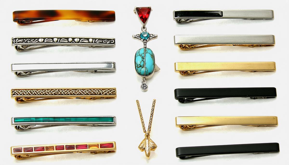 A display of various 1960s tie clips showing the evolution of styles, from slim designs to novelty shapes