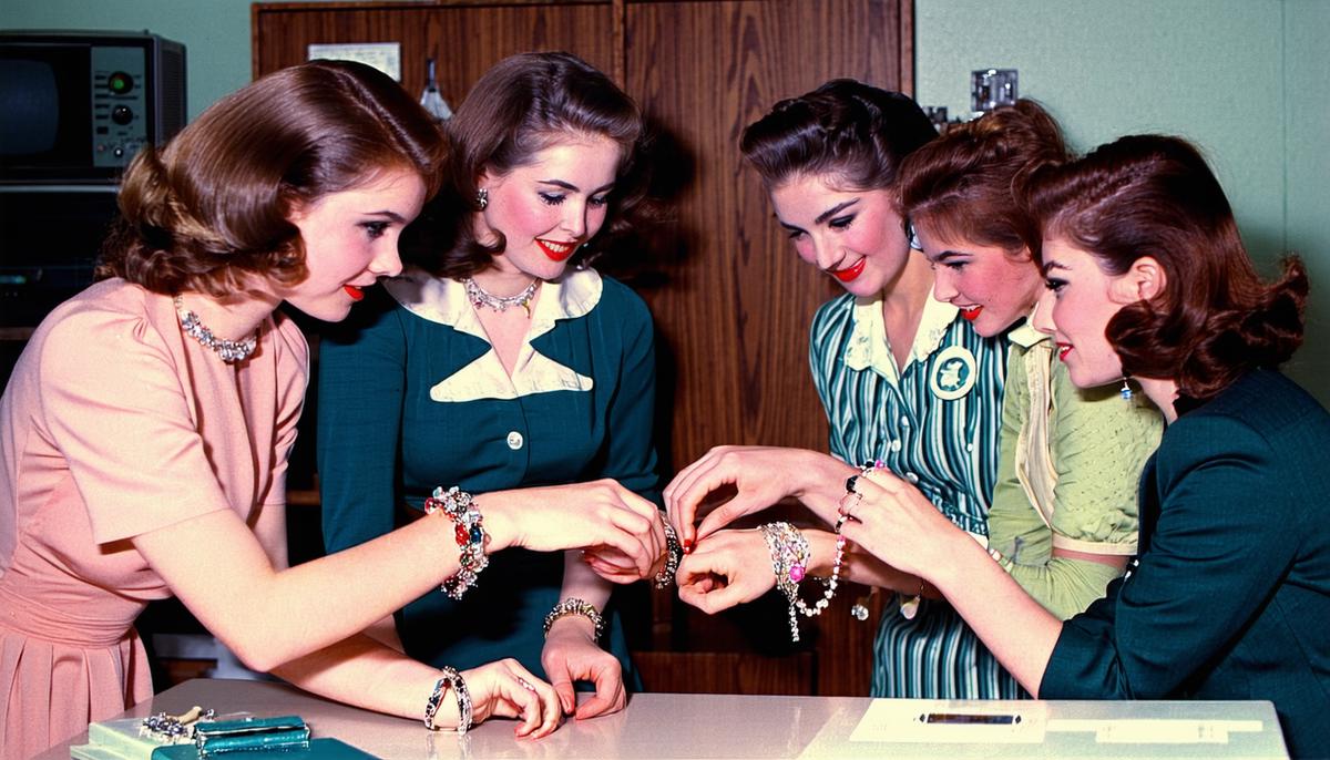 1960s office women gathered around, comparing their charm bracelets