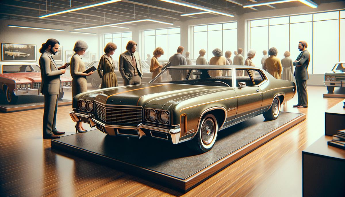 A sleek 1970s hardtop car displayed in a showroom, symbolizing the shift away from convertibles