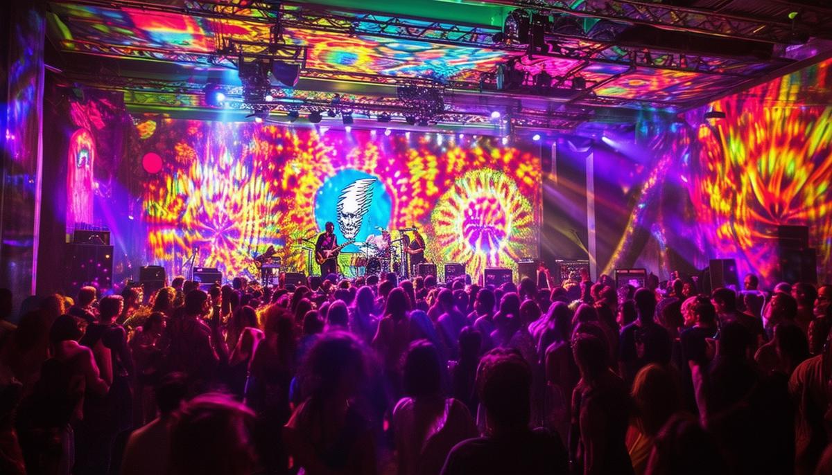 A lively Acid Test party with The Grateful Dead performing, colorful light projections, and a diverse crowd dancing