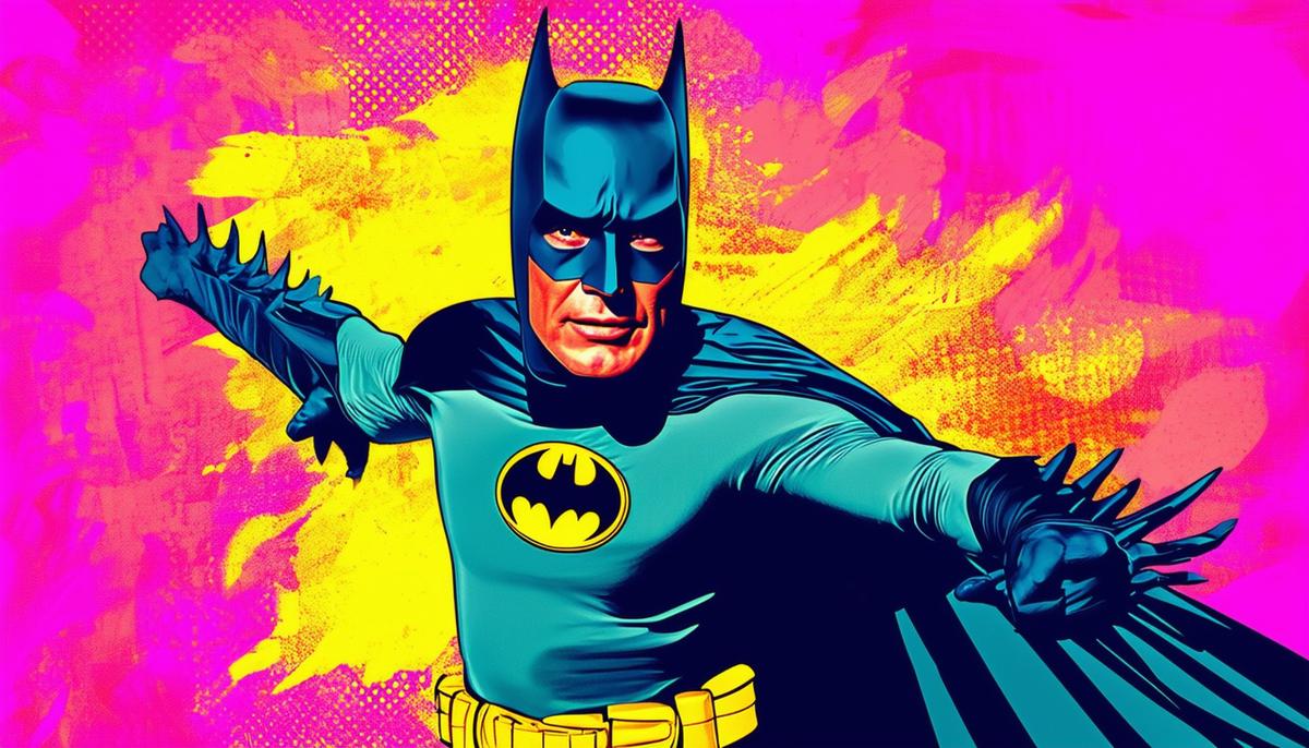 Adam West in his Batman costume striking a heroic pose, showcasing the bright colors and campy style of the 1966 Batman series