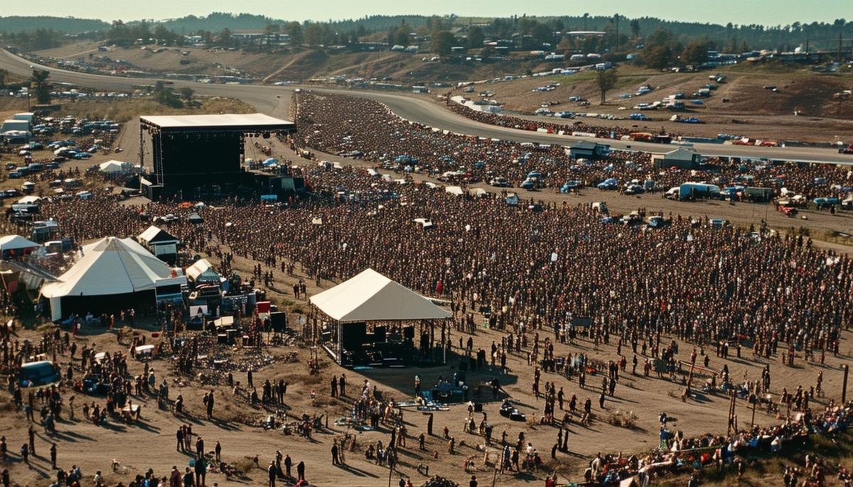 Aerial view of Altamont Speedway with makeshift concert setup and crowds gathering