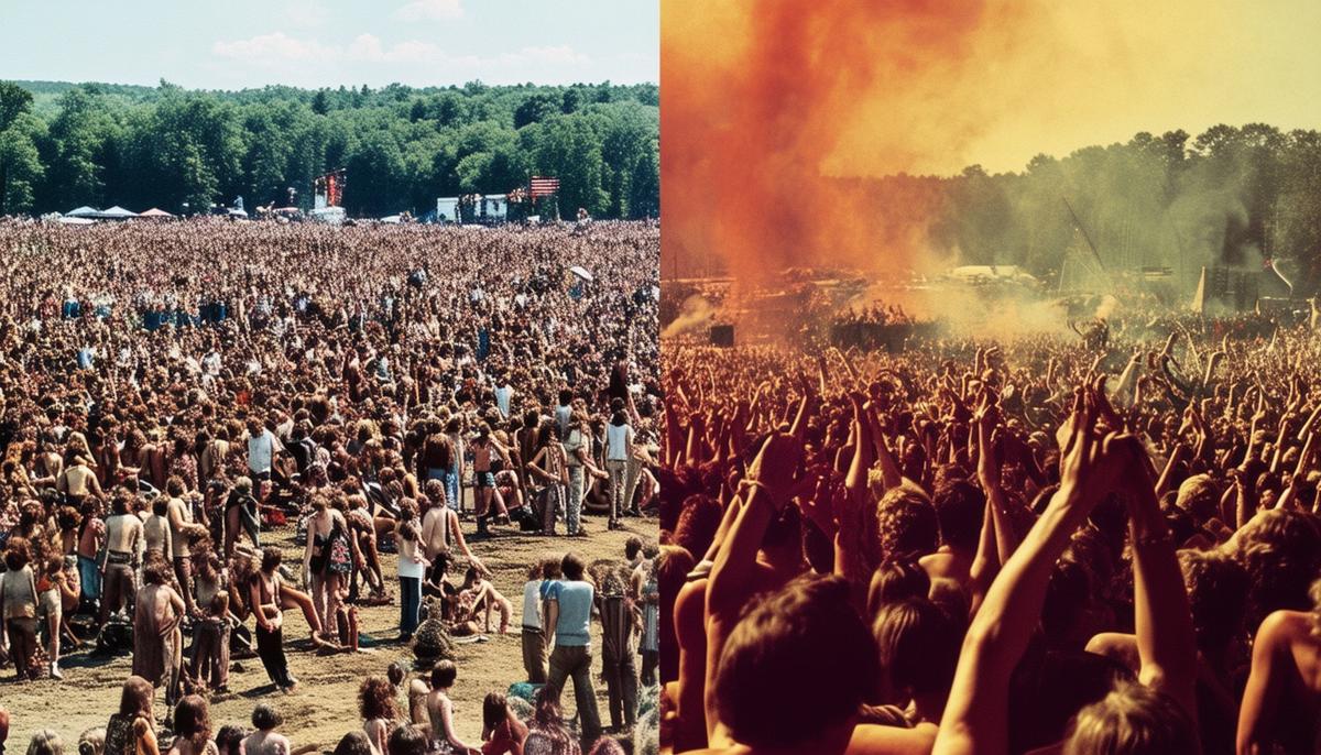 Split image contrasting the peace of Woodstock with the chaos of Altamont