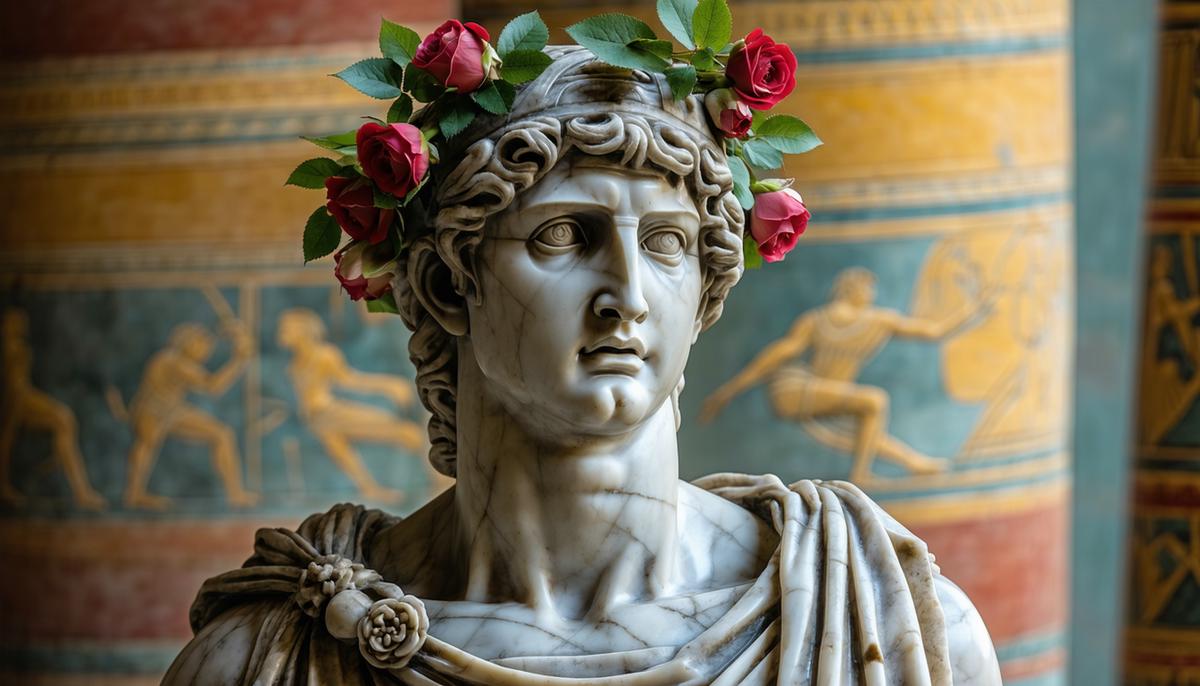 A detailed recreation of an ancient Greek wearing a rose garland, symbolizing fertility and new beginnings