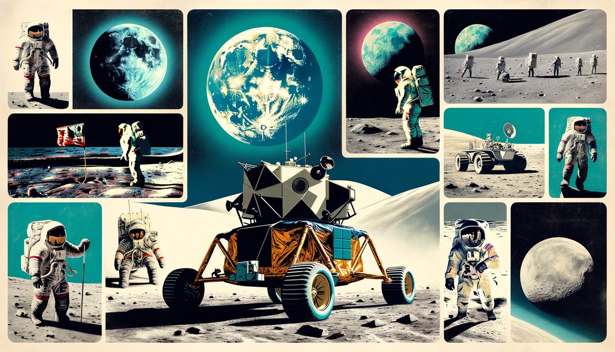 Collage of key Apollo mission moments including Apollo 8 Earthrise and Apollo 11 moon landing