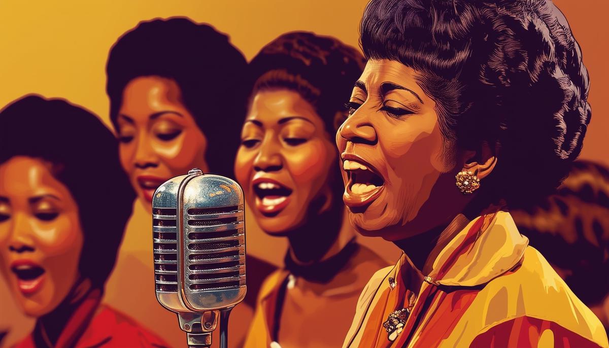 Aretha Franklin in a 1960s recording studio, singing into a vintage microphone with her sisters as backup singers