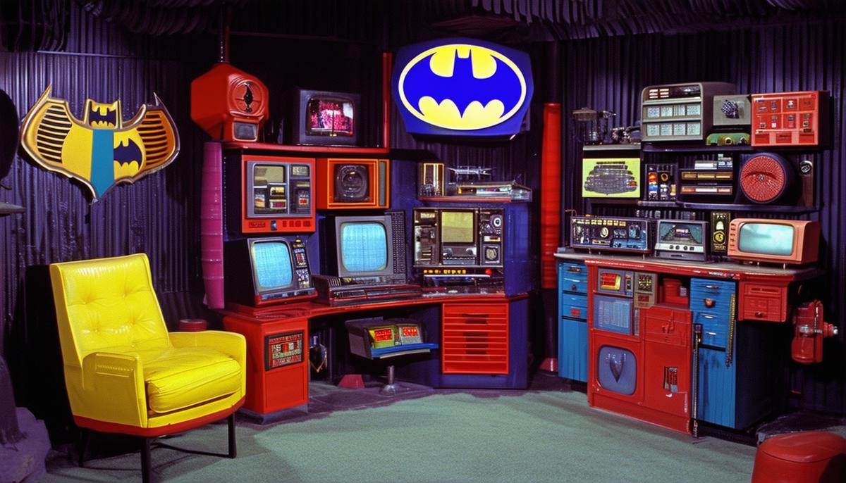 The colorful and gadget-filled Batcave set from the 1966 Batman TV series, featuring the Batcomputer and other iconic props