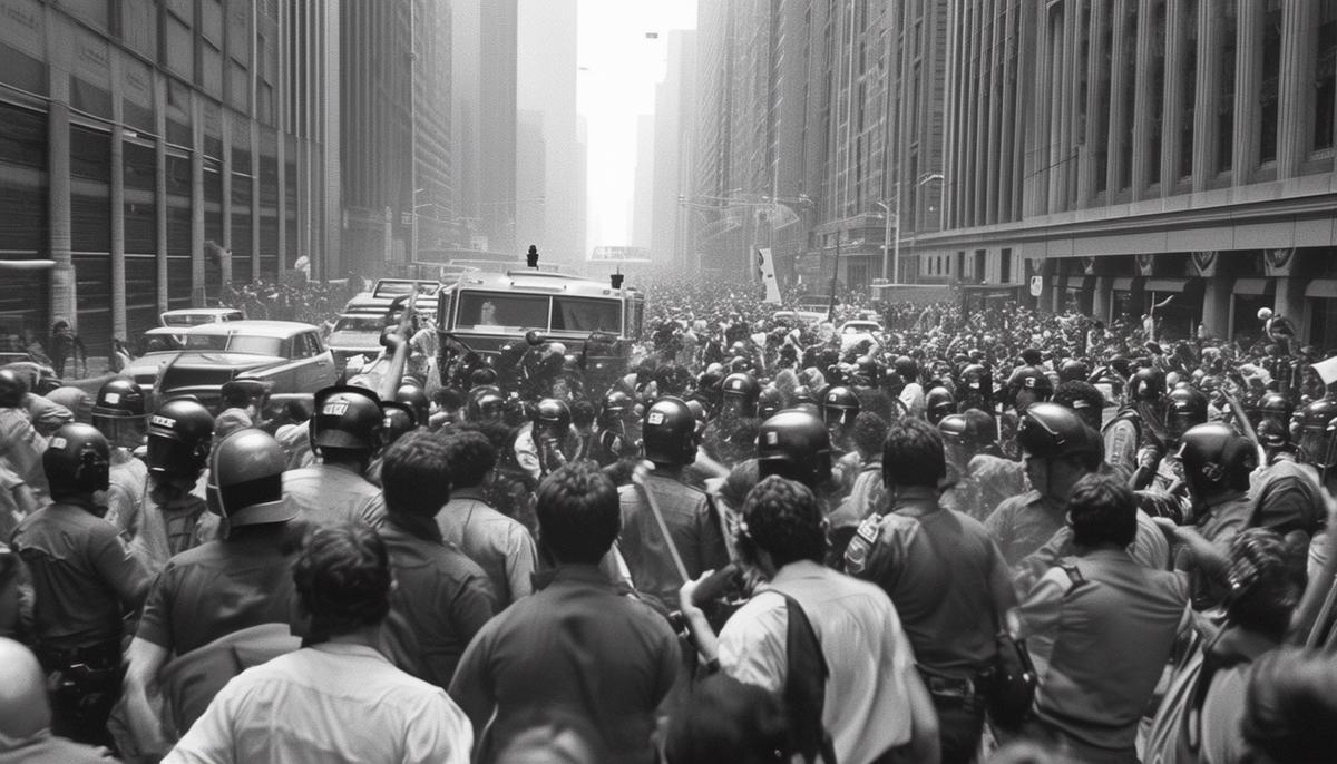 Protesters clashing with police on Michigan Avenue during the 1968 Democratic National Convention in Chicago