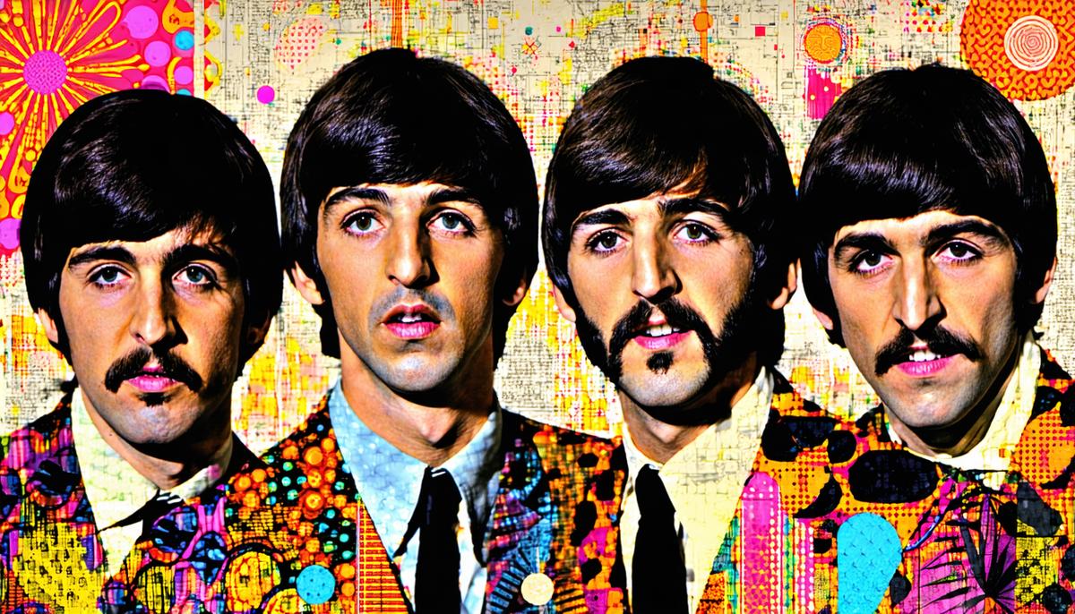 A collage of Beatles-inspired artworks and book covers from the 1960s