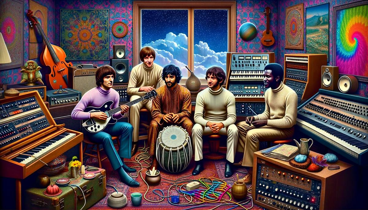 The Beatles recording 'Lucy in the Sky with Diamonds' in a colorful, psychedelic studio setting