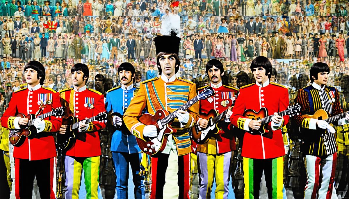 The iconic Sgt. Pepper's Lonely Hearts Club Band album cover featuring the Beatles in colorful military-style uniforms surrounded by cutouts of famous figures