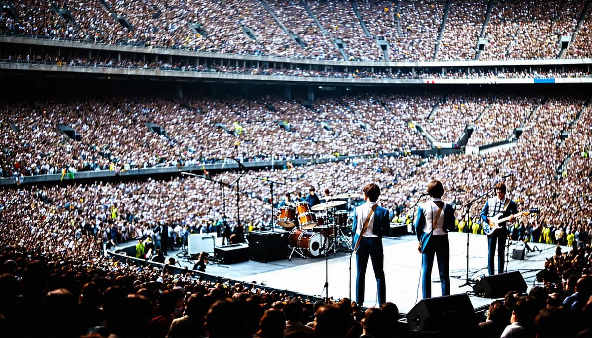 The Beatles performing at Shea Stadium with a massive crowd