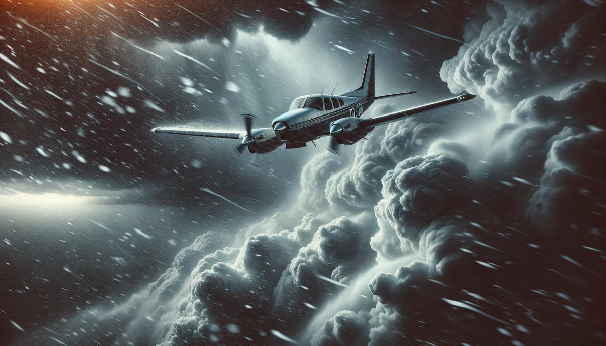 A Beechcraft Bonanza airplane flying through a dark, stormy night sky