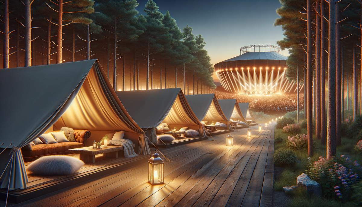 Luxury glamping tents at Bethel Woods with the concert venue in the background