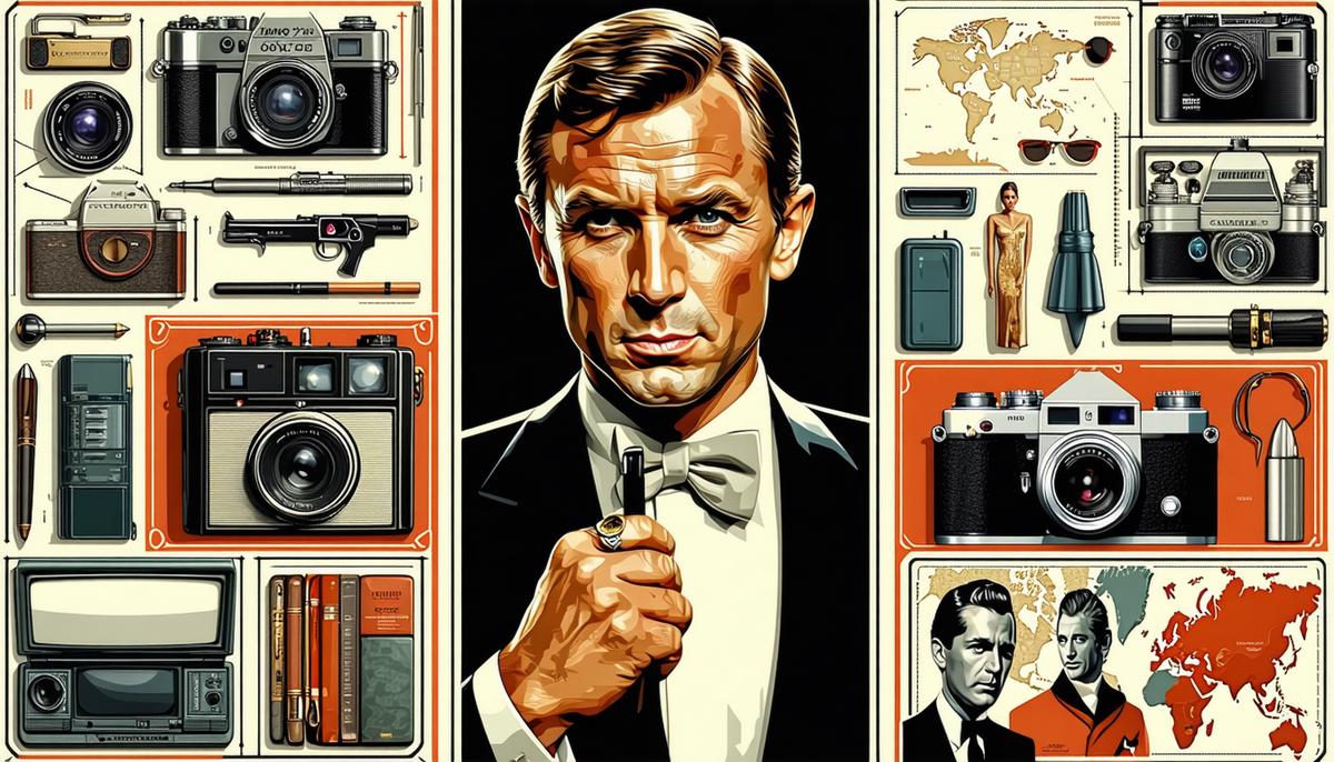 A montage representing James Bond's cultural impact in the 1960s, showing fashion, gadgets, and global influence