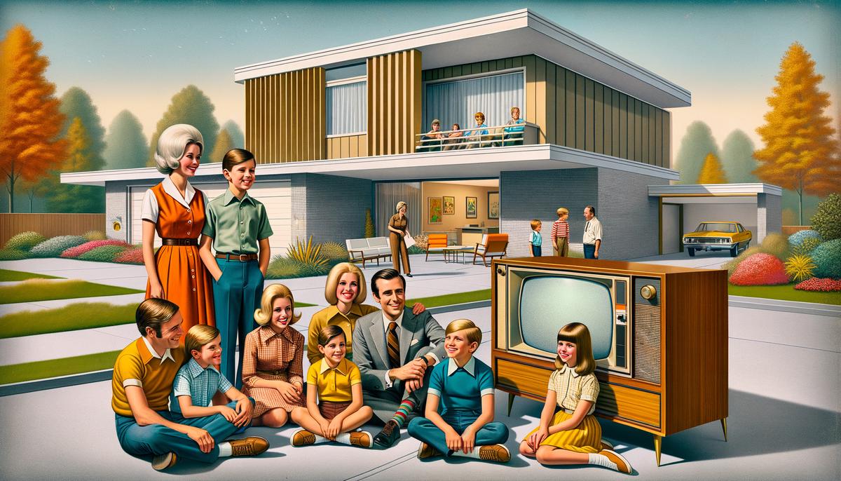 The Brady Bunch family gathered around their color TV, with the iconic Brady house in the background