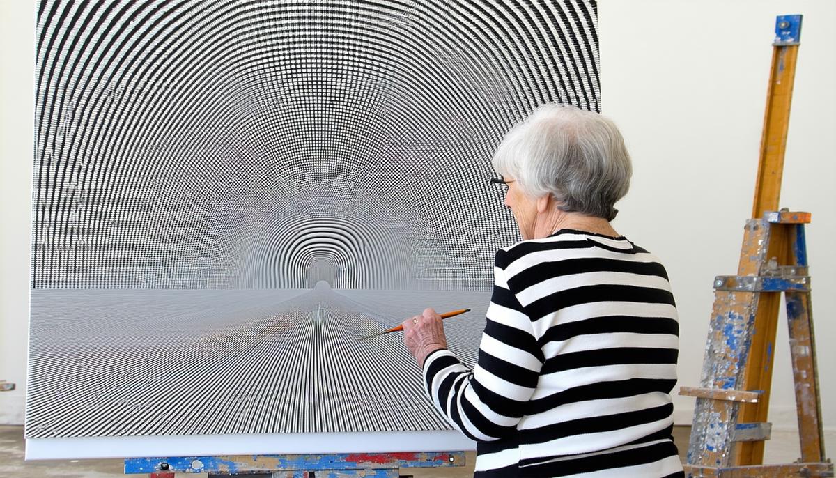 Bridget Riley in her studio working on a large-scale black and white Op Art painting creating an illusion of movement