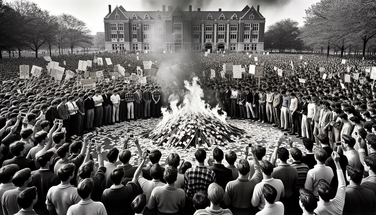 A large group of students participating in a draft card burning rally on a university campus in the 1960s