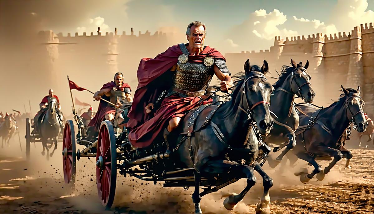 Charlton Heston as Ben-Hur, driving a chariot with intensity and determination