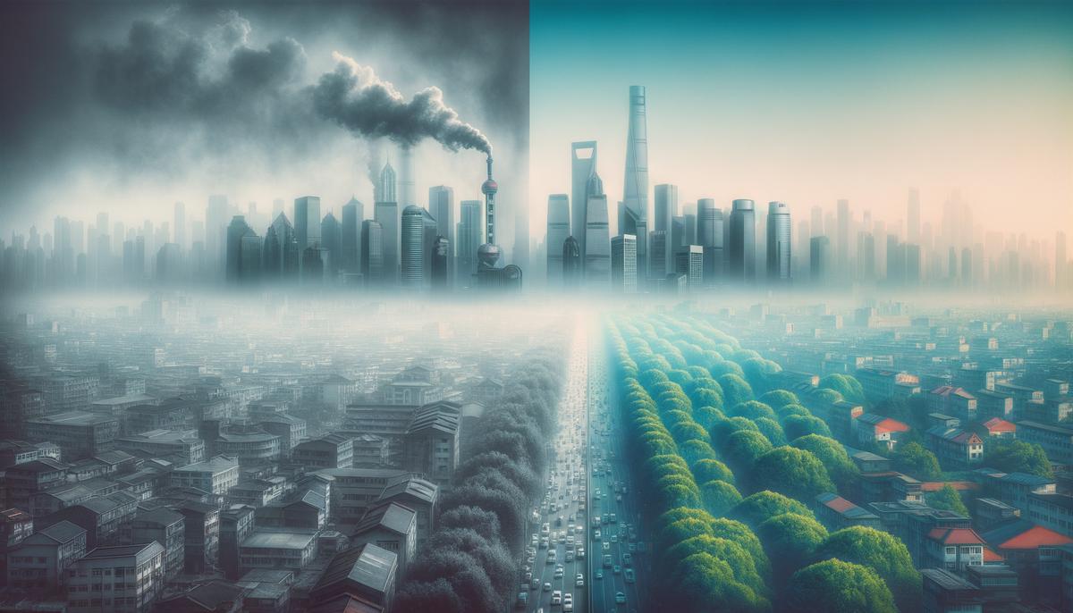 A before-and-after scene of a city skyline, showing the positive impact of the Clean Air Act