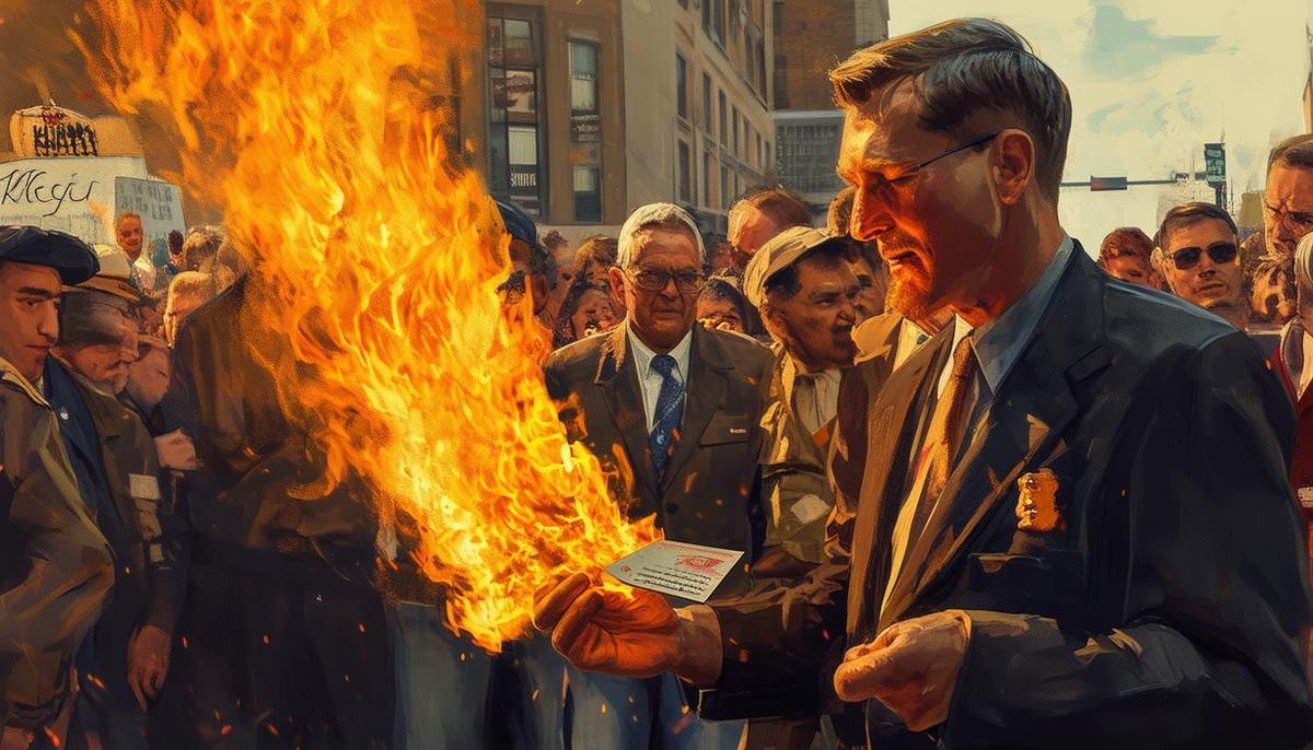 David Miller burning his draft card on October 15, 1965, surrounded by a crowd of onlookers