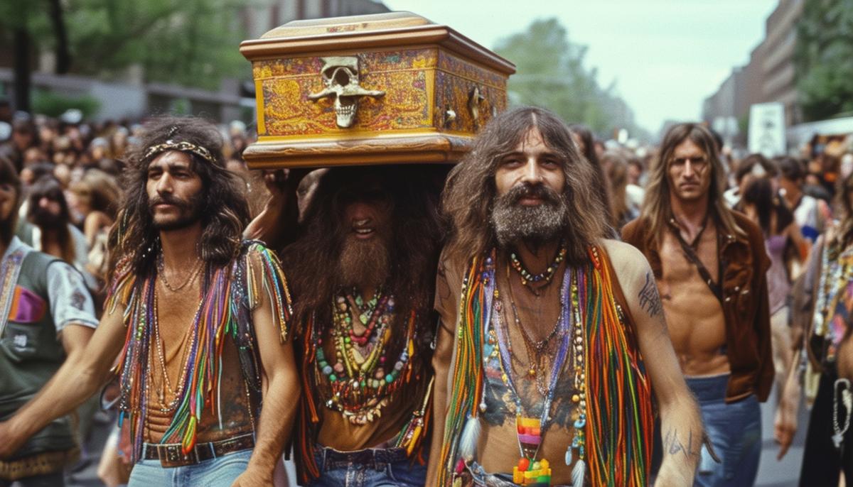 Hippies marching in the Death of Hippie parade carrying a symbolic coffin