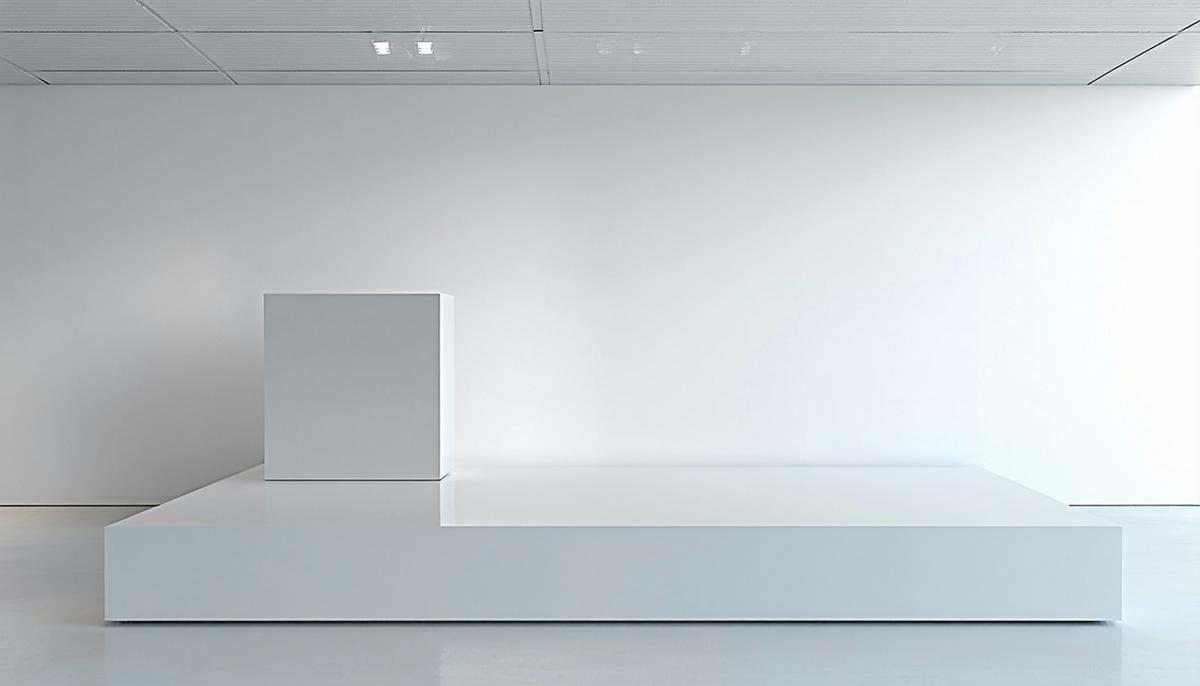 A clean, geometric minimalist sculpture by Donald Judd in a stark white gallery space