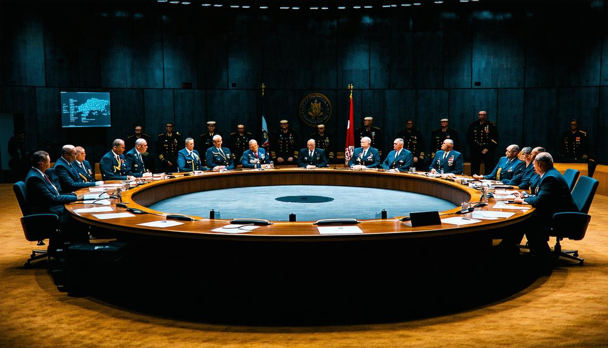 A circular table in a dimly lit war room with military officials seated around it