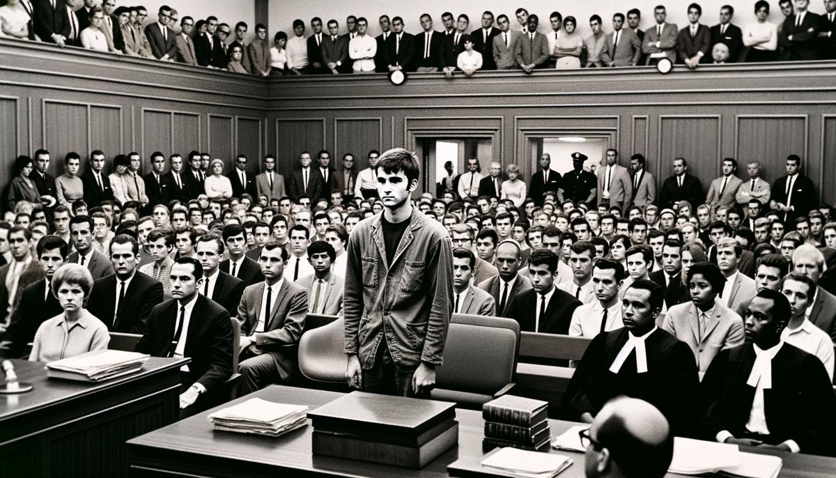 A young man standing trial for burning his draft card, with supporters in the courtroom gallery