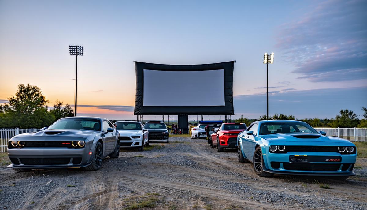 A modern drive-in theater setup in 2020, with a mix of classic and contemporary cars, showcasing its revival during the pandemic