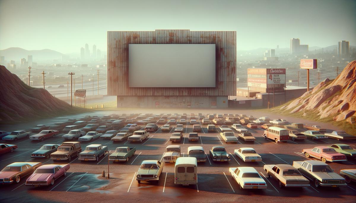 A partially empty drive-in theater in the 1980s, showing signs of decline with fewer cars and a worn-down screen